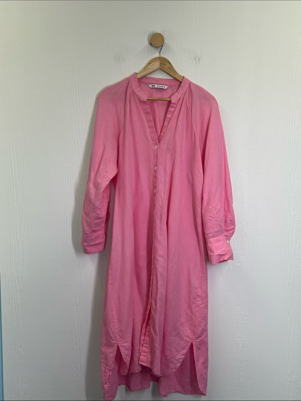Zara - Pink Button Down Long Sleeve Oversized Lightweight Midi Dress Size Small - Picture 6 of 10